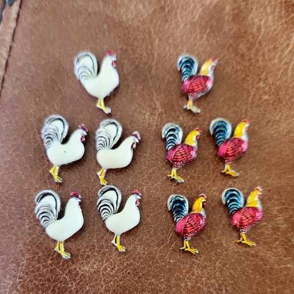 Colorful Rooster Chickens Metal Enameled Beads Set 10 - Picture 1 of 14